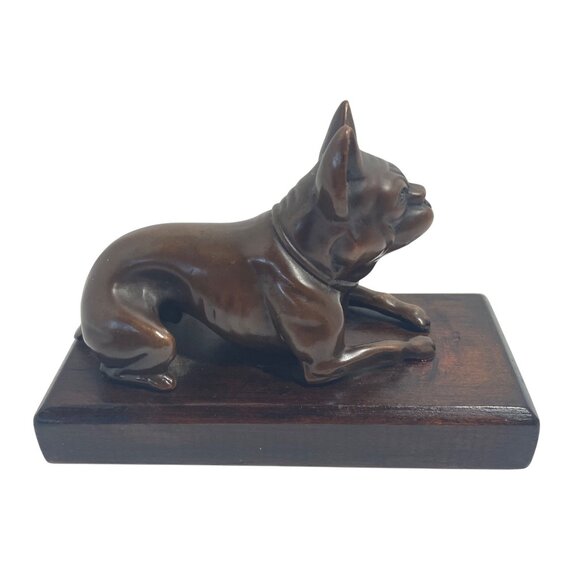 Vintage Bronze Bulldog Figurine On Wooden Base - Picture 2 of 9